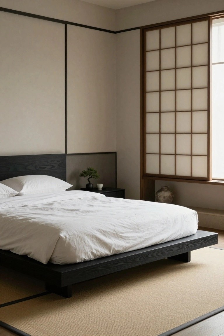A minimalist bedroom with a low black wood platform bed covered in white sheets and pillows, next to a black nightstand holding a bonsai tree and cup, with beige walls, shoji screens, and a tatami rug on the floor.