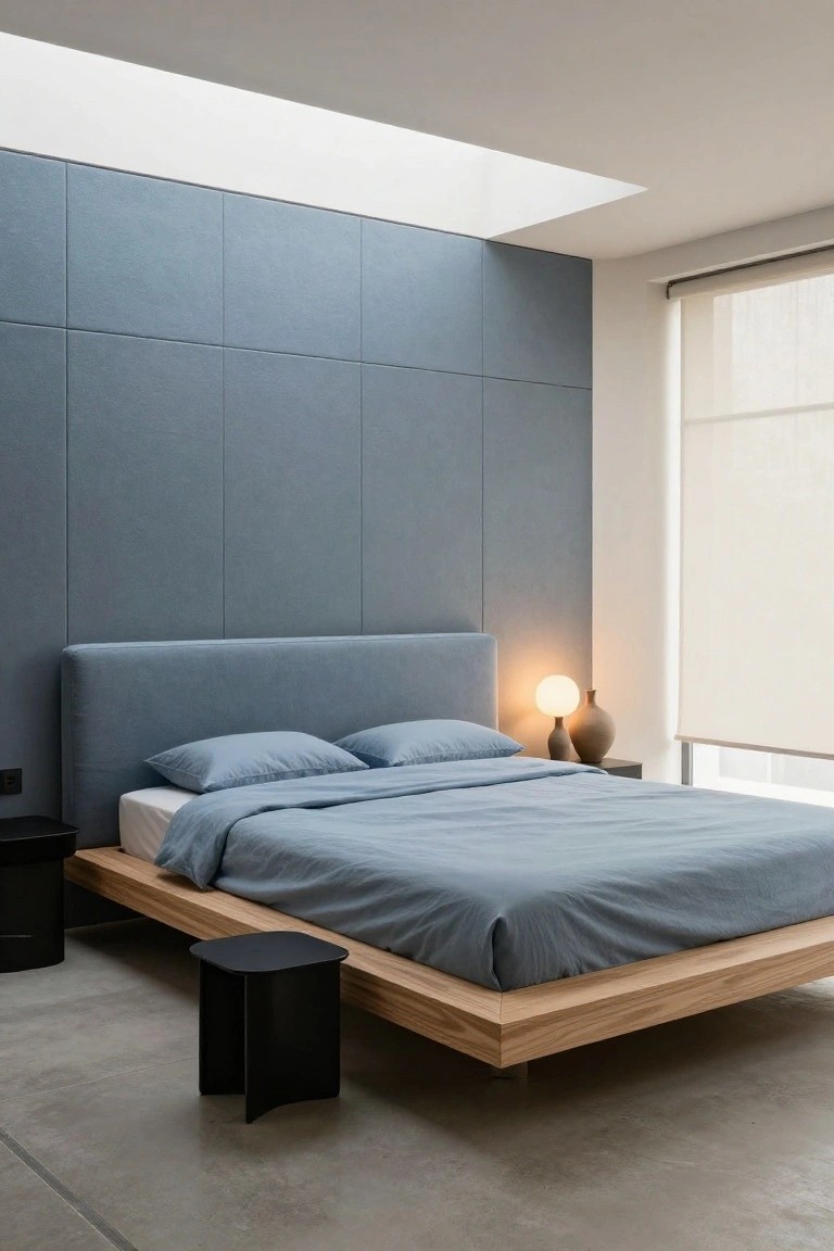 Modern bedroom interior with low oak platform bed, blue linen bedding and pillows, blue upholstered headboard against blue paneled wall, black side tables, terracotta lamp on nightstand, sheer blinds on window, and polished concrete floor.