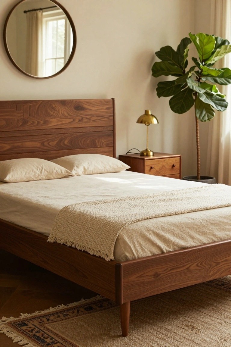 Wooden bed with white linens, round mirror, and fiddle-leaf fig plant.