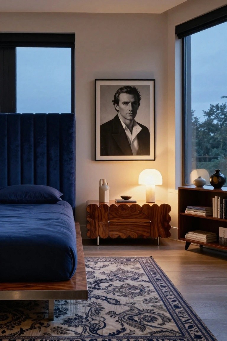 Corner bedroom interior with low platform bed featuring blue velvet tufted headboard, wavy wooden nightstand holding lamp and vase, black-framed portrait of man on wall, bookshelves, and large windows overlooking trees.
