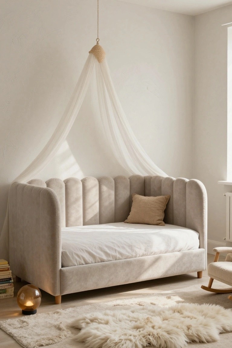 Beige tufted scalloped upholstered daybed with white canopy in a light beige-walled bedroom, next to a fluffy white sheepskin rug, stack of books, amber glass lamp, and wooden rocking chair.