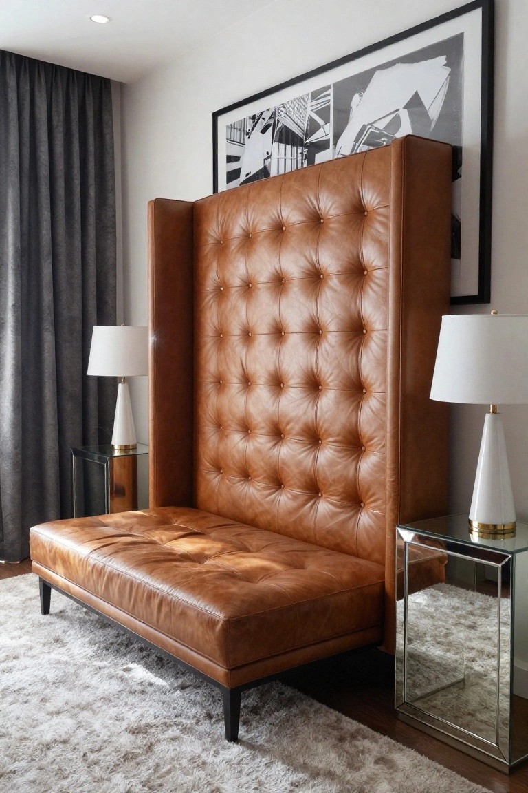 Tall tan tufted leather wingback bench against a white wall in a room with gray curtains, white lamps on glass tables, a black-framed artwork above, and a light gray rug on wood floors.