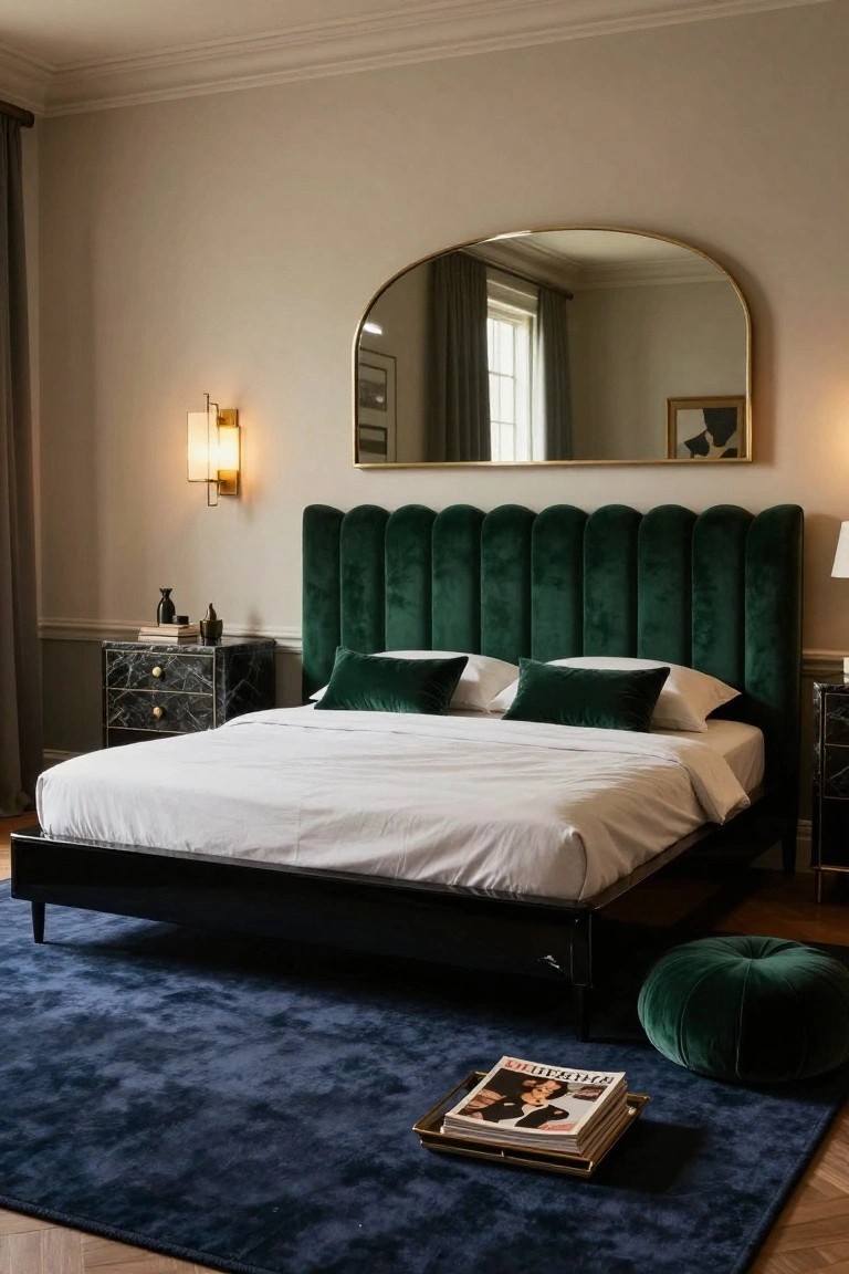 Bedroom interior with black bed frame featuring tall emerald green velvet tufted scalloped headboard, marble nightstands, gold arched mirror on wall, navy rug, and table lamp.