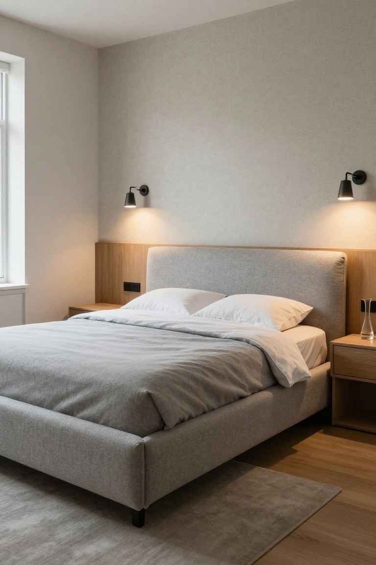 A modern bedroom with a low gray fabric-upholstered platform bed integrated with oak wood panels on the headboard and sides, white bedding, matching oak nightstands, black wall sconces, and a window on light gray walls.