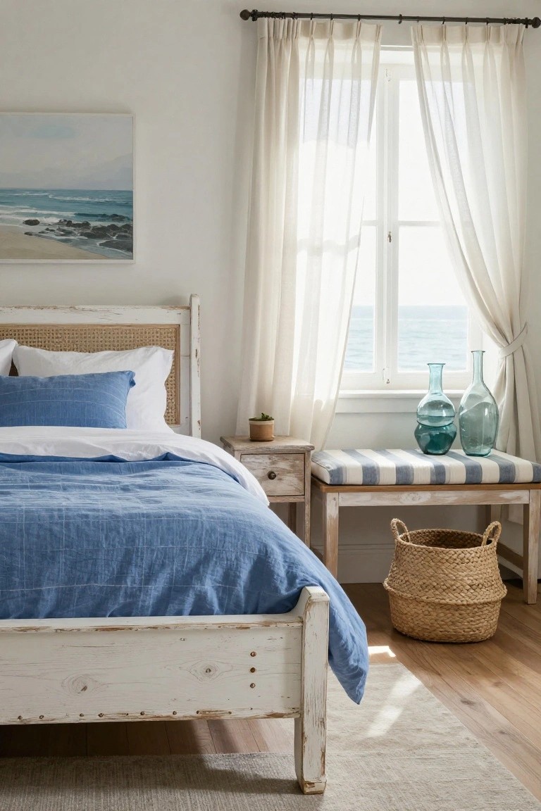 A cozy bedroom with a whitewashed wooden bed frame featuring a rattan headboard, blue linen bedding, a wooden nightstand with blue glass vases, a cushioned bench, and a window view of the ocean.
