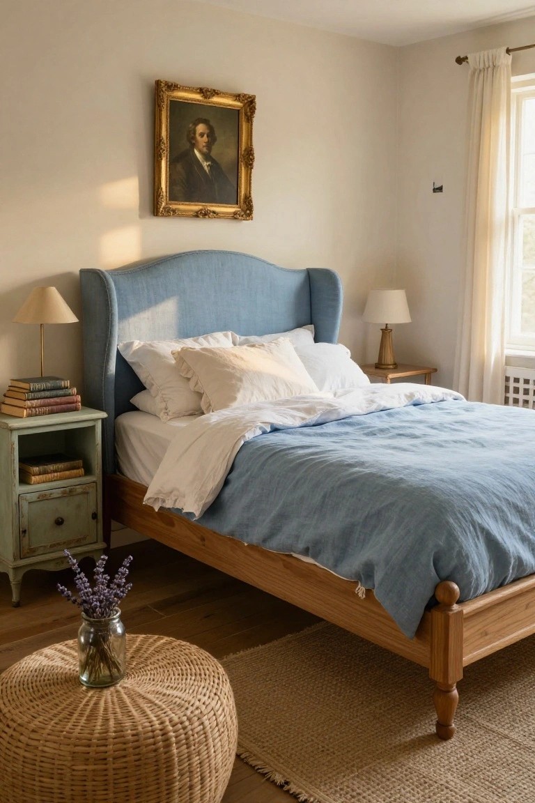 Bedroom with light wooden bed frame, blue upholstered winged headboard, white and blue bedding, green antique-style nightstand holding books and lamp, matching lamp on wood table, gold-framed portrait on wall, sheer curtains at window, wicker stool with glass jar of lavender stems, beige rug on wood floor.