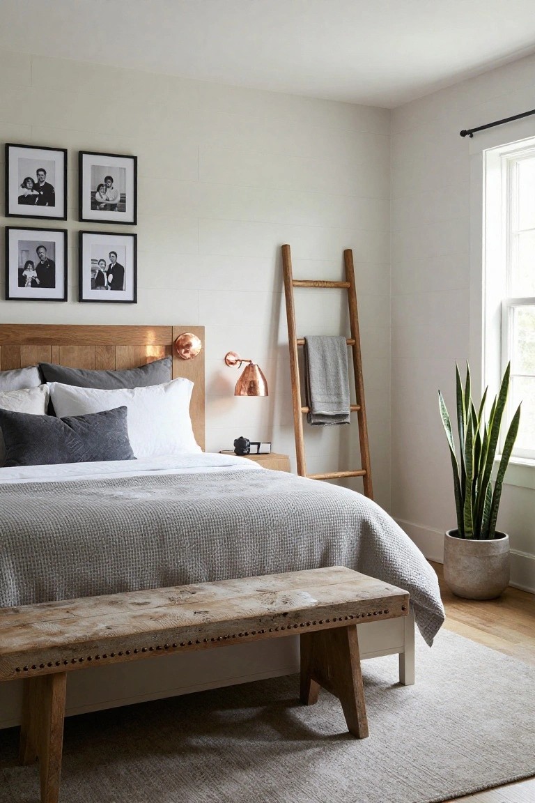 Bedroom corner with wooden platform bed frame featuring vertical panel headboard, gray textured duvet and pillows, copper sconces on headboard, wooden ladder rack with towel, potted snake plant near window, rustic nailed wooden bench at bed foot, white paneled walls, light oak floors, and neutral rug.