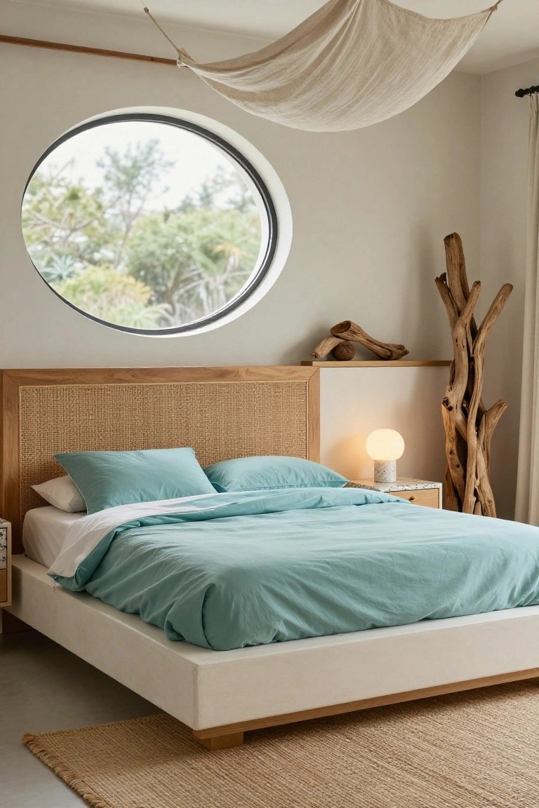 Bedroom interior with a low platform bed on wooden legs, featuring a headboard of wood frame with rattan weave, teal duvet and pillows, bedside table with lamp, round window showing trees outside, driftwood sculpture, and beige rug on concrete floor.