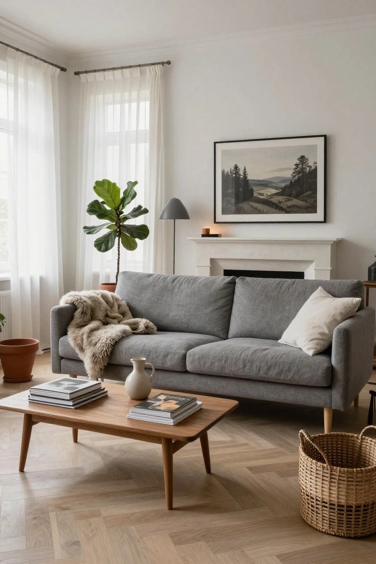 Light gray two-seater sofa with cream sheepskin throw draped over the back and white pillow in a bright living room with sheer curtains, fiddle leaf fig plant, wooden coffee table, books, white vase, basket, and marble fireplace against herringbone oak floors.