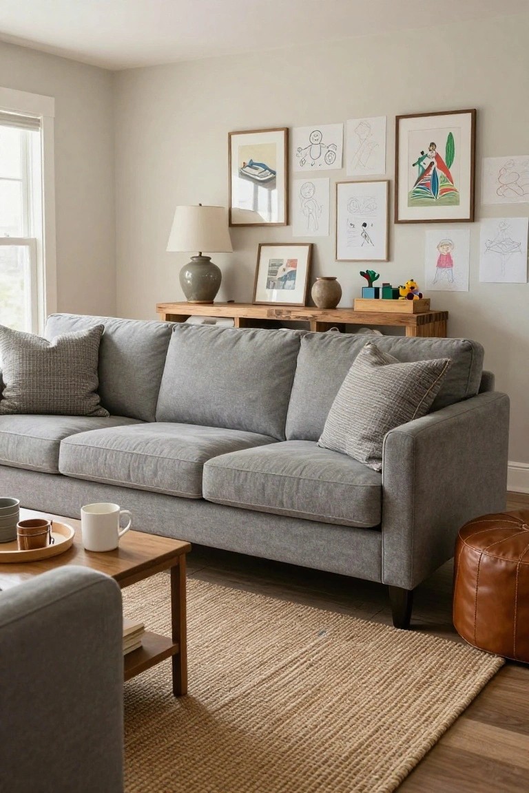 Light gray three-seater sofa in a beige living room with wooden console table behind displaying kids' drawings, framed art, toys, and pottery; seagrass rug, wood coffee table with mugs, and ottoman nearby.