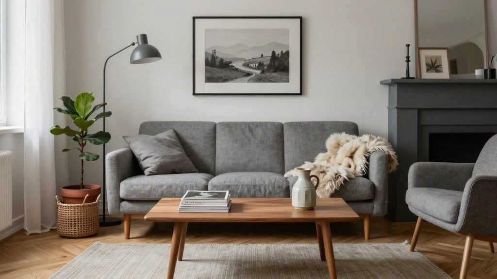 19 Elegant Grey Sofa Living Room Ideas That Always Look Polished Light gray two-seater sofa with cream sheepskin throw draped over the back and white pillow in a bright living room with sheer curtains, fiddle leaf fig plant, wooden coffee table, books, white vase, basket, and marble fireplace against herringbone oak floors.