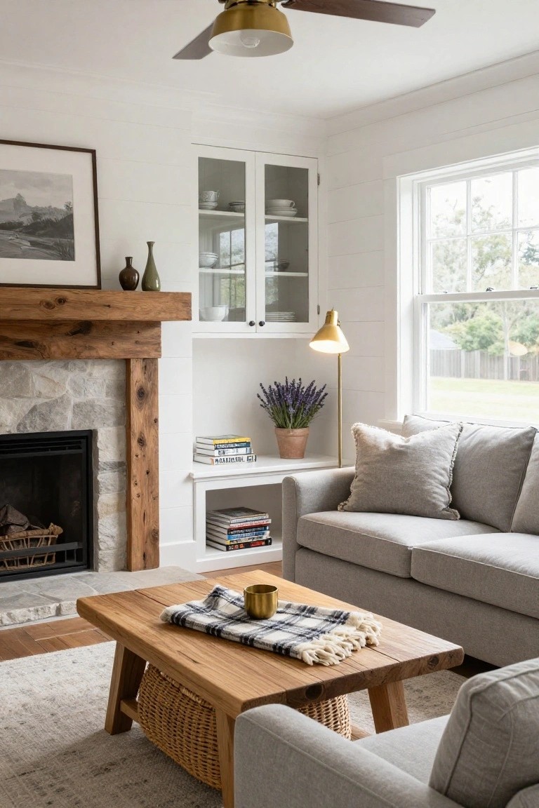 Light gray L-shaped sofa in a living room with stone fireplace under thick wood beam mantel, rustic wood coffee table with plaid throw blanket and woven basket, white shiplap walls, built-in white shelving with books and plants, brass floor lamp, and window with yard view.