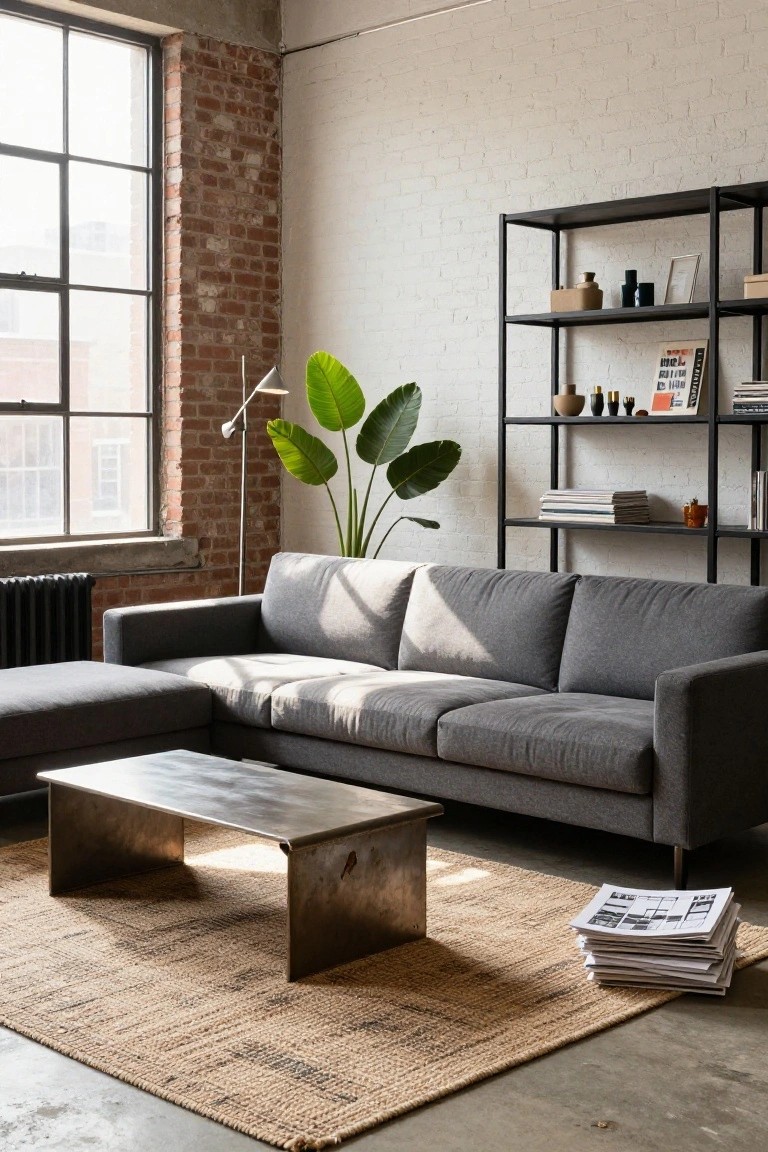 A living room with exposed brick walls, large industrial windows, a grey L-shaped sofa, low metal coffee table, jute rug, black metal shelving unit, potted plant, and stacked newspapers.