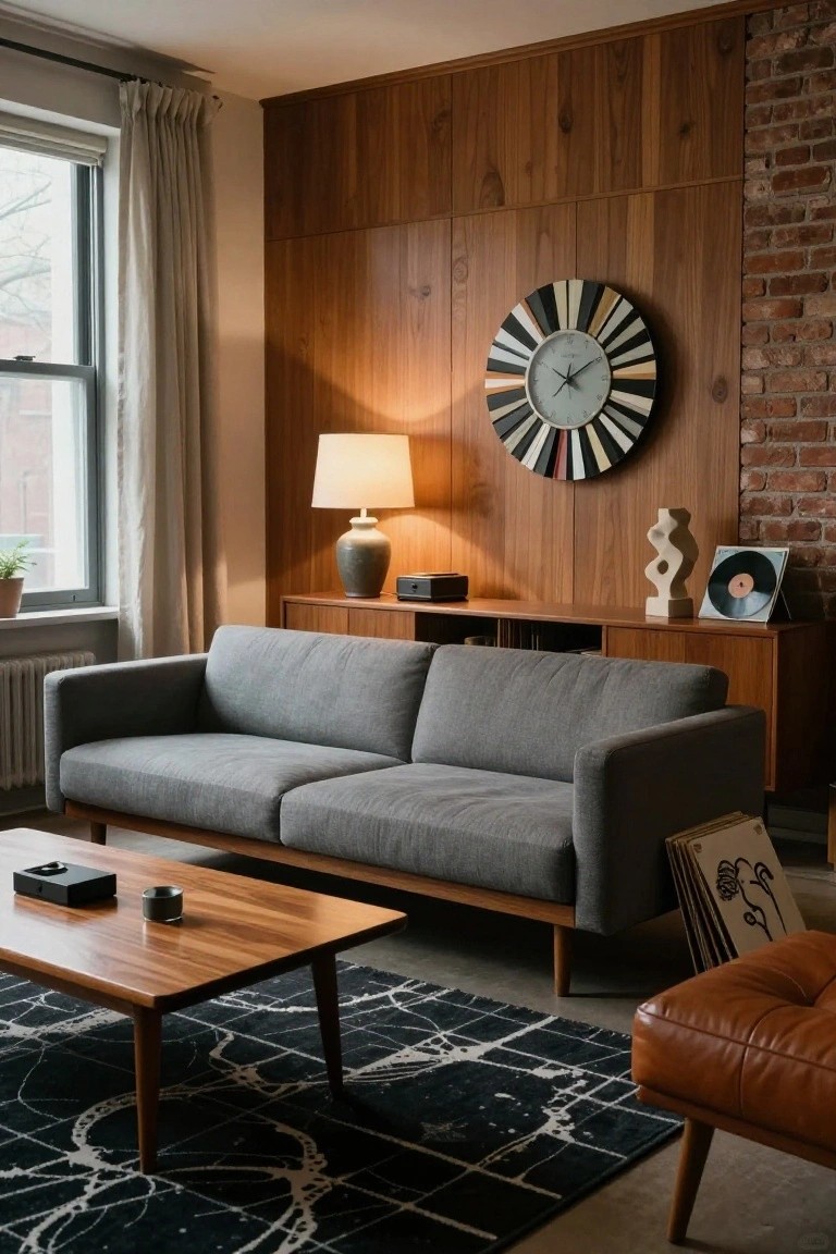 Living room interior with light gray L-shaped sofa, wood-paneled wall featuring a large striped clock and ceramic lamp, wooden credenza with records and sculpture, wood coffee table, leather pouf, and black patterned rug.