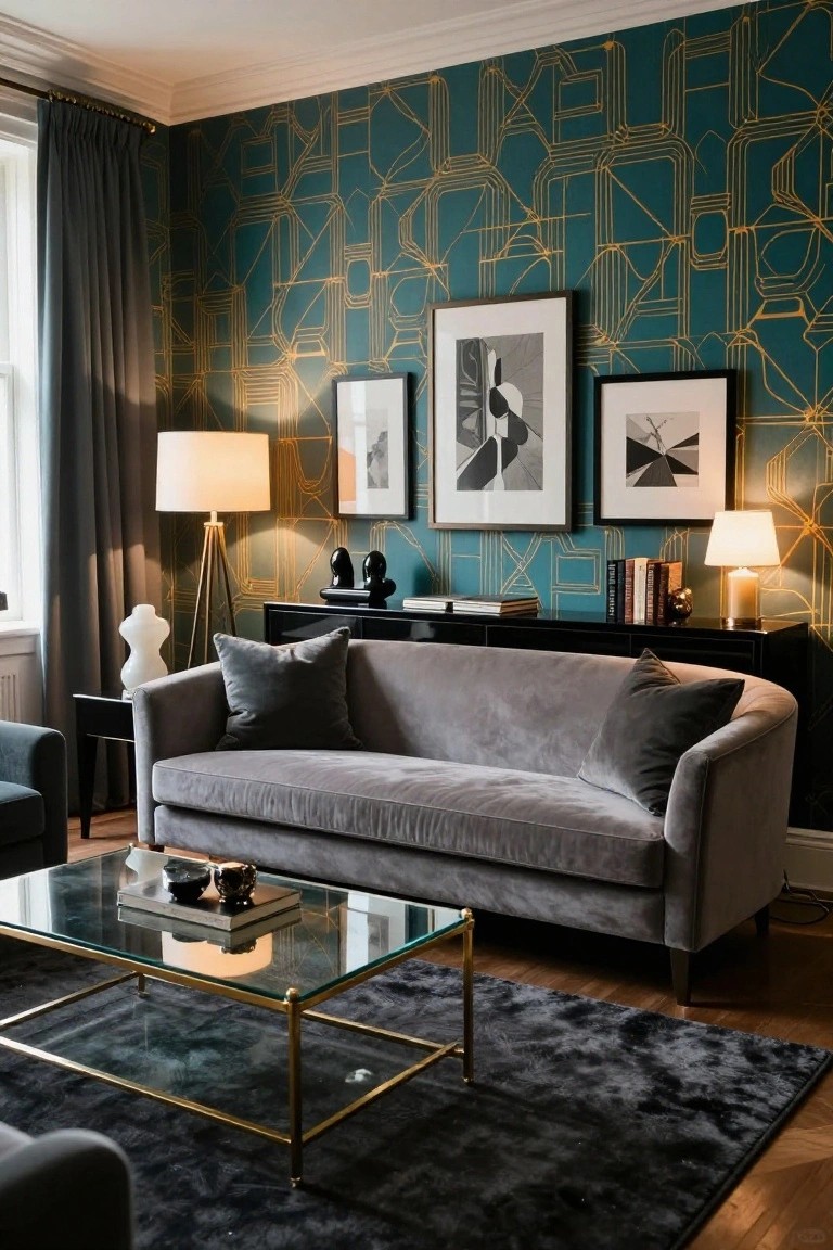 Living room with curved light gray velvet sofa facing teal wallpaper patterned in gold geometric designs, flanked by floor lamps, black sideboard with books, glass coffee table on dark rug, and hardwood floors.