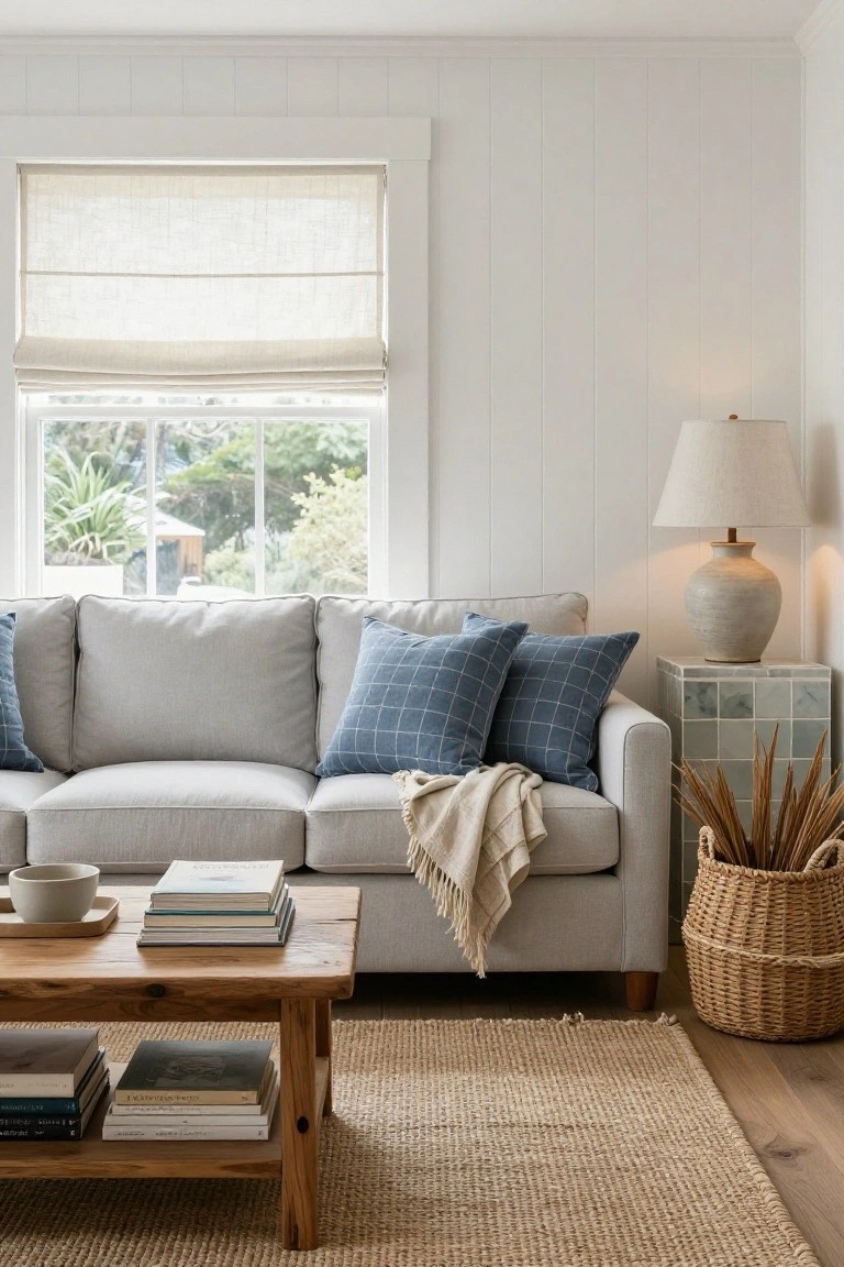 Light grey sofa with blue plaid pillows and cream throw blanket in white shiplap living room, rustic wood coffee table with stacked books, seagrass rug, ceramic lamp on tiled side table, woven basket with dried grass stems, and linen roman shade on window.