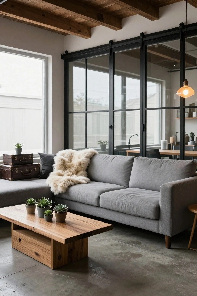Modern living room with grey L-shaped sofa draped in white sheepskin throw, wooden coffee table with potted plants, black metal sliding doors to kitchen area, exposed wooden beam ceiling, and polished concrete floor.