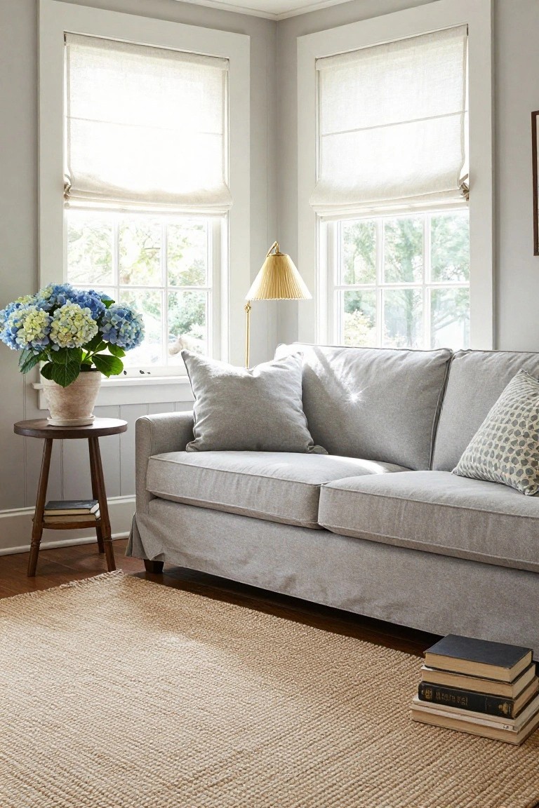Corner of a living room with light gray slipcovered sofa, blue hydrangea plant in terracotta pot on round wooden side table next to brass arched lamp, white linen Roman shades on two windows overlooking trees, seagrass rug, and stacked books on floor.