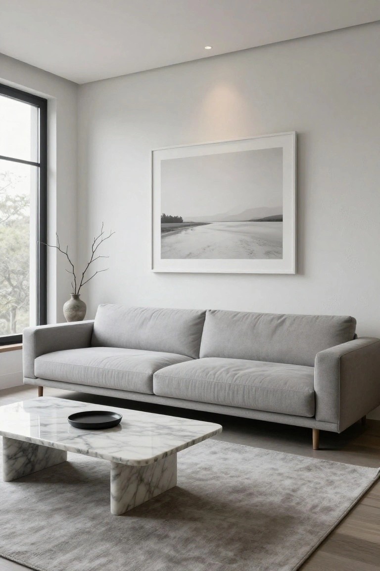 Modern living room with light gray L-shaped sofa, low rectangular white marble coffee table topped with black plate, light gray rug, tall ceramic vase with branches, large framed black-and-white landscape photo on wall, and black-framed floor-to-ceiling window showing trees outside.