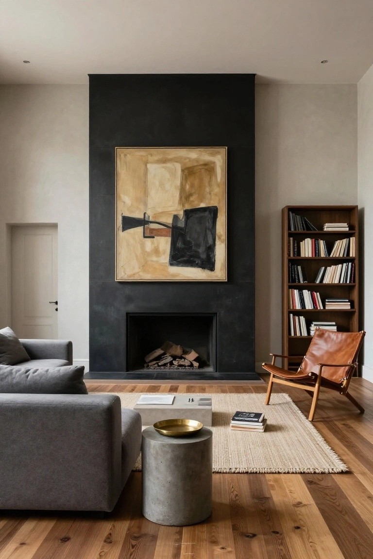 Modern living room with light grey L-shaped sofa facing tall matte black fireplace wall topped by large abstract painting, wooden bookshelves filled with books, tan leather armchair, concrete side table with brass bowl, beige rug, and oak wood floors.