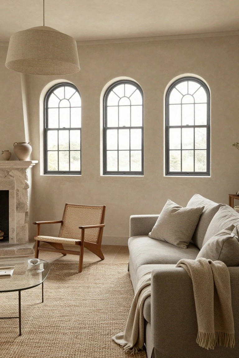 Living room with light grey fabric sofa on seagrass rug, wooden rattan armchair, glass coffee table with metal frame, stone fireplace, beige textured plaster walls, and three tall arched black-framed windows.