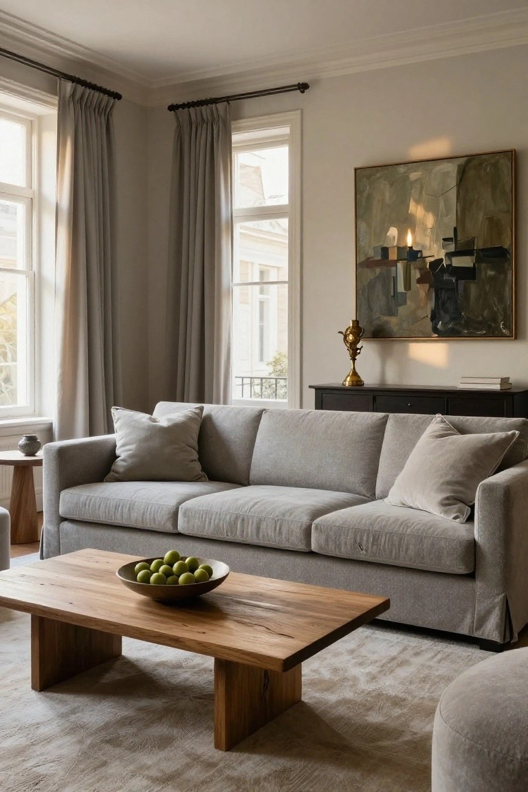 Neutral living room with gray sofa, wooden coffee table, and abstract wall art.