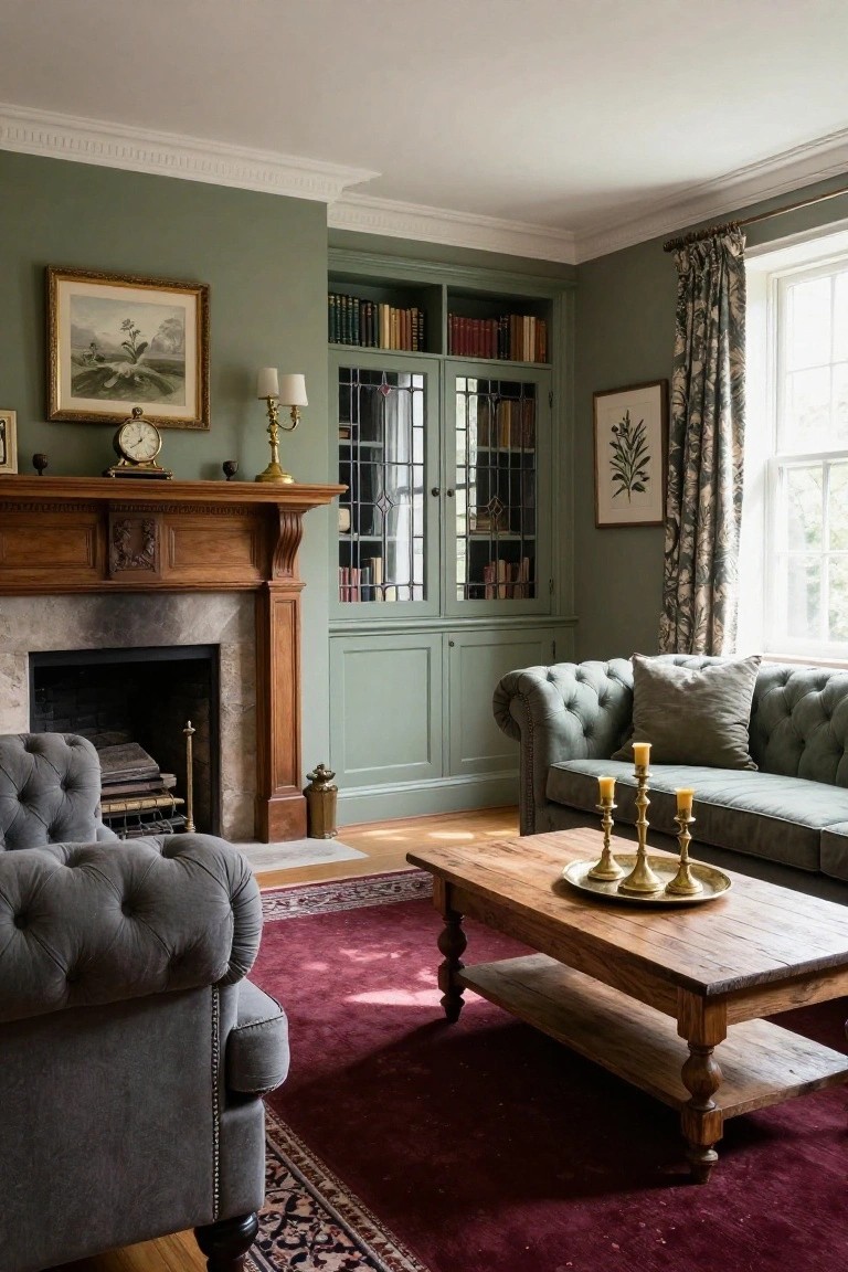 A living room with sage green walls, wooden fireplace, built-in green bookshelves, grey tufted Chesterfield sofa and armchairs around a wooden coffee table with brass candlesticks.