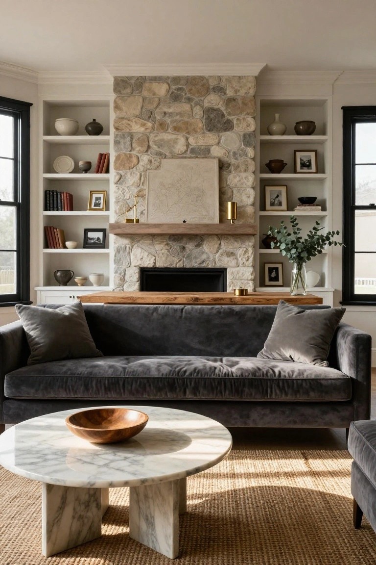 Living room with charcoal grey velvet sofa facing a tall stacked stone fireplace flanked by white built-in bookshelves with ceramics, books, and plants, wood beam mantel, round white marble coffee table holding a wooden bowl, seagrass rug, and black-framed windows.
