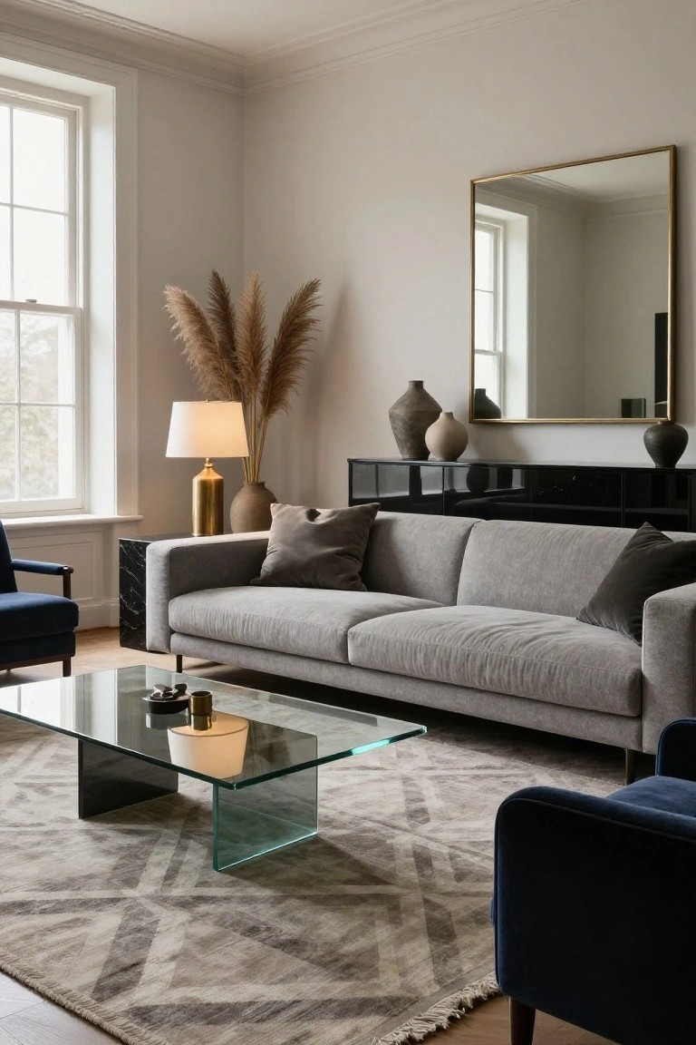 Modern living room interior with light grey fabric sofa, navy velvet armchairs, rectangular smoked glass coffee table on geometric grey rug, tall pampas grass by window, black glossy cabinets topped with ceramic vases, brass-based lamp, and large gold-framed wall mirror.