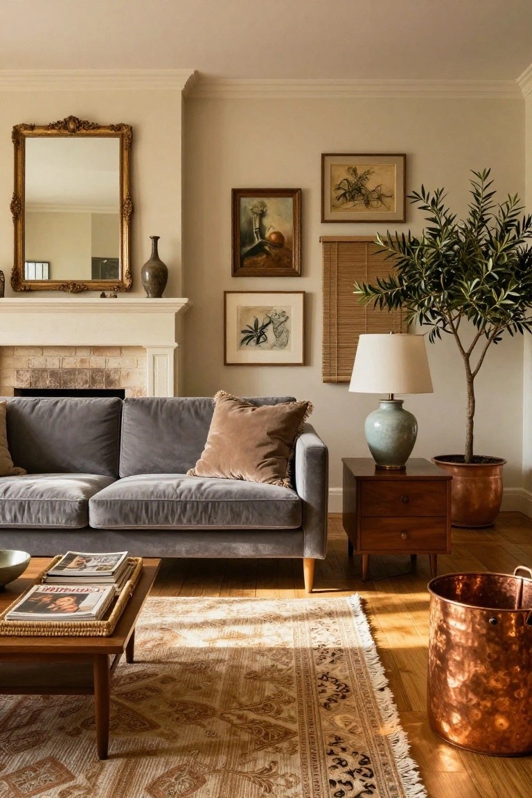 Living room with light gray velvet sofa facing a brick fireplace, wooden coffee table with magazines, wooden side table with blue vase lamp, olive tree in copper pot, gold-framed mirror above mantel, assorted framed art on walls, beige rug on hardwood floor.