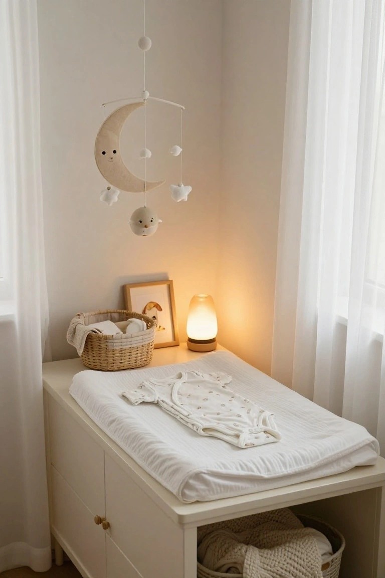Cozy nursery corner with white dresser, moon mobile, and baby onesie.