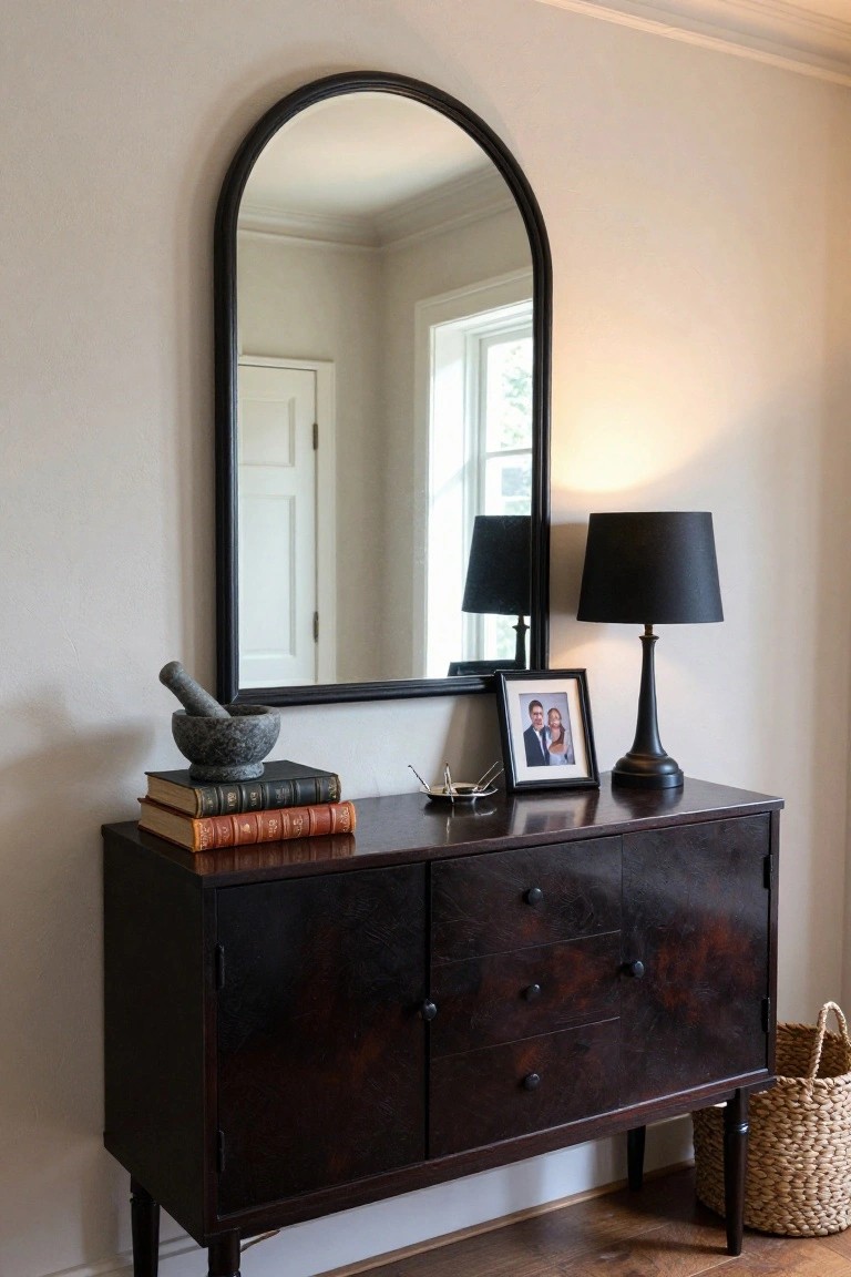 A dark wood sideboard with books, a mortar and pestle, a framed photo, and two black lamps on top, beneath a large arched black mirror on a light wall.