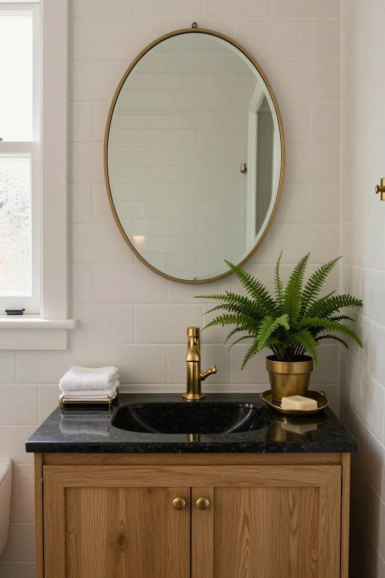 Bathroom sink with gold faucet, fern plant, round mirror, white tile.