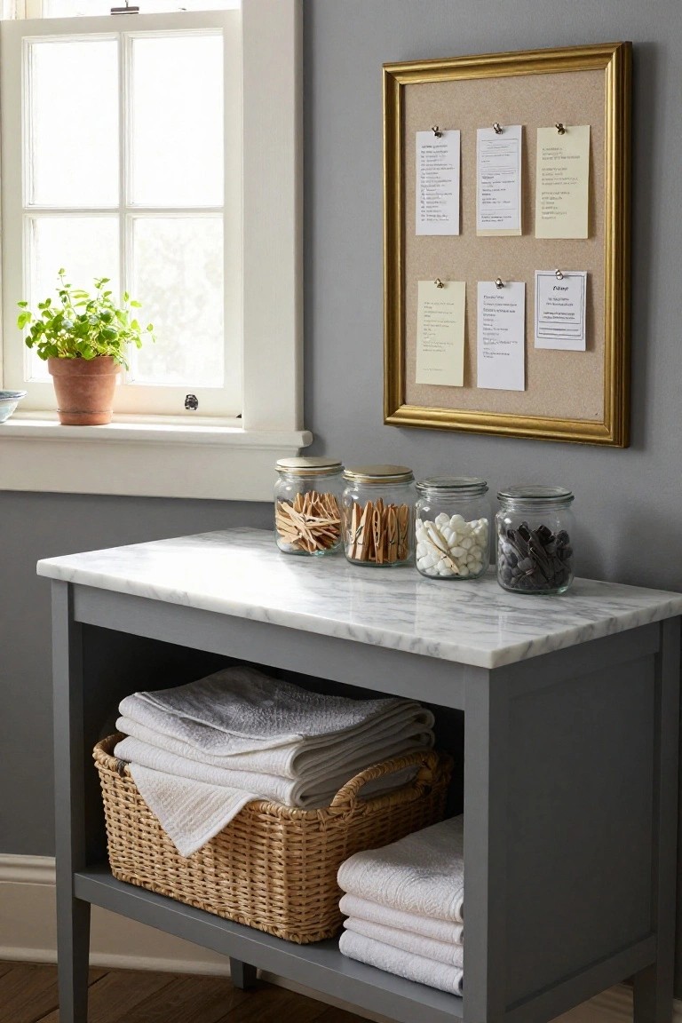 A gray sideboard with a marble top displays glass jars of laundry supplies and holds a wicker basket of towels on the lower shelf, with a framed corkboard above.