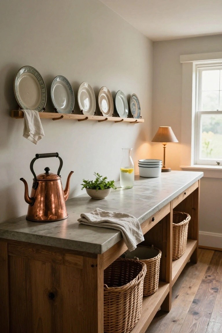 A wooden sideboard with a stone top sits below a wall-mounted rail holding a row of plates, with baskets stored on the lower shelf.