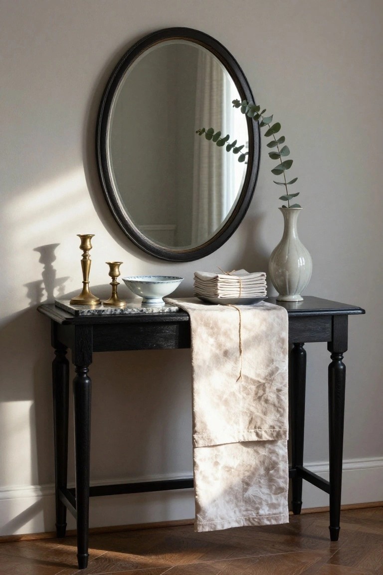 A black wooden console table beneath a round mirror holds brass candlesticks, a ceramic bowl, stacked plates, and a white vase with eucalyptus, with a beige tie-dye cloth draped over the front edge.
