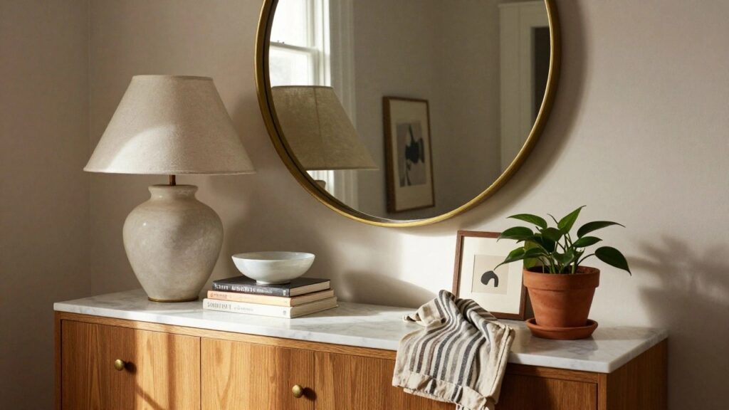 A wooden sideboard with a marble top is styled with a ceramic lamp, a light blue bowl, a stack of books, and a potted plant in a terracotta pot, with a round gold-framed mirror hanging above.