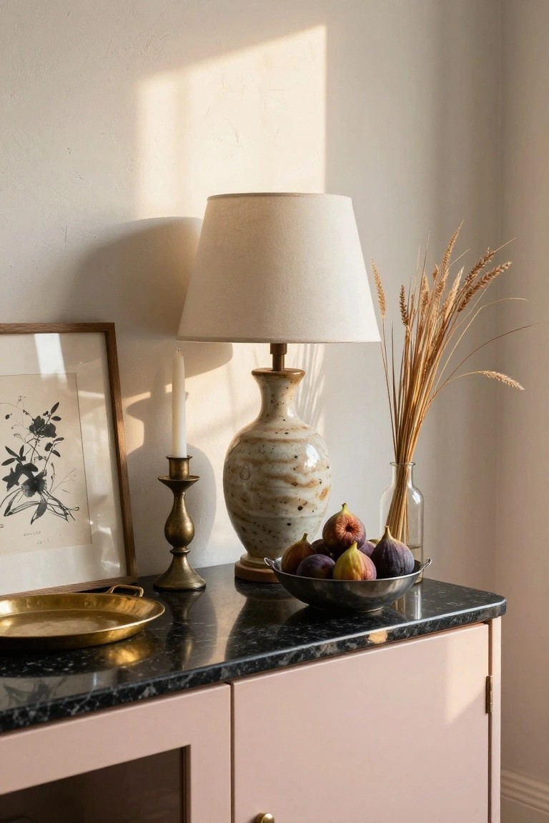 Sunlit pink marble cabinet with lamp, figs, dried wheat, and framed art.
