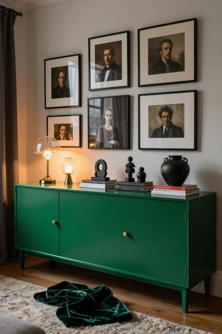 Green sideboard with framed portraits, lamps, and books on a wooden floor.