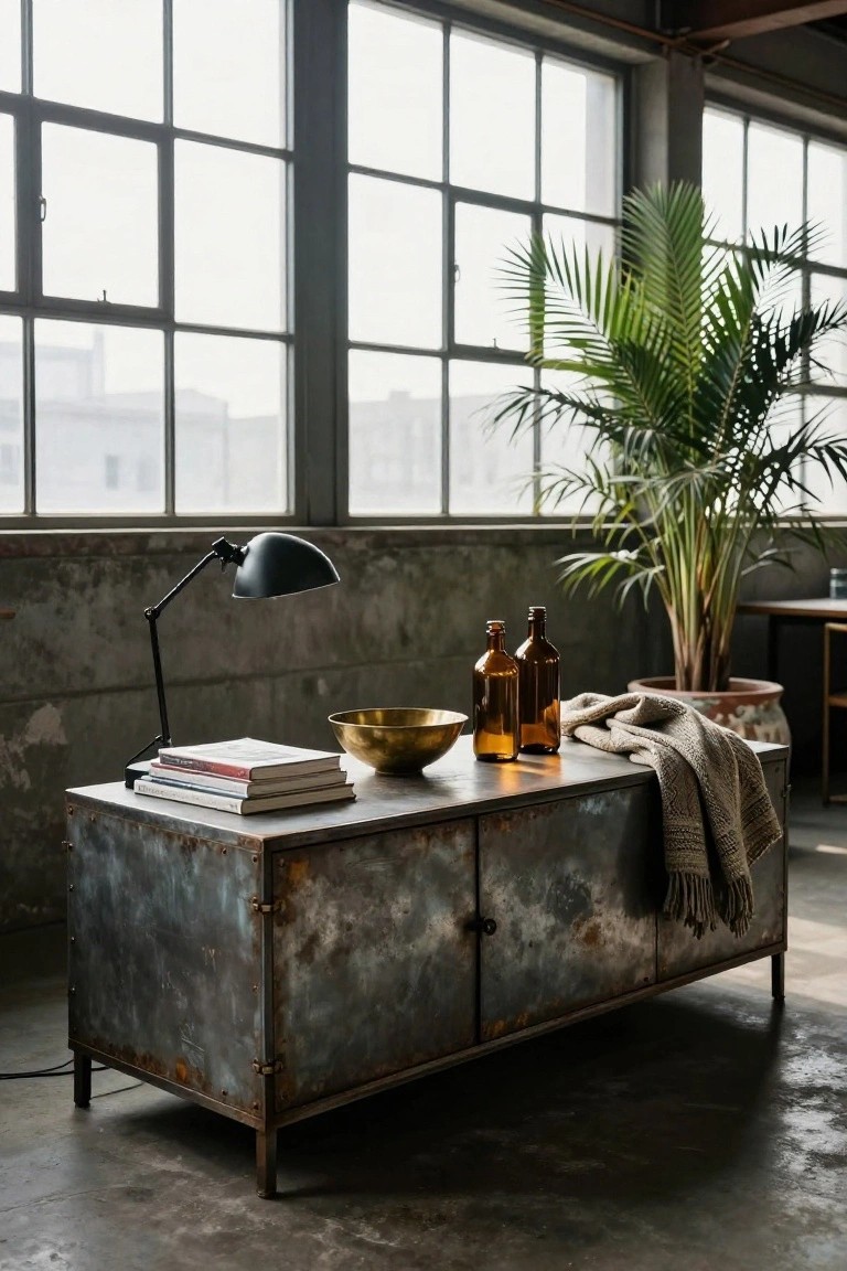 Industrial metal sideboard with books, lamp, brass bowl, and bottles.