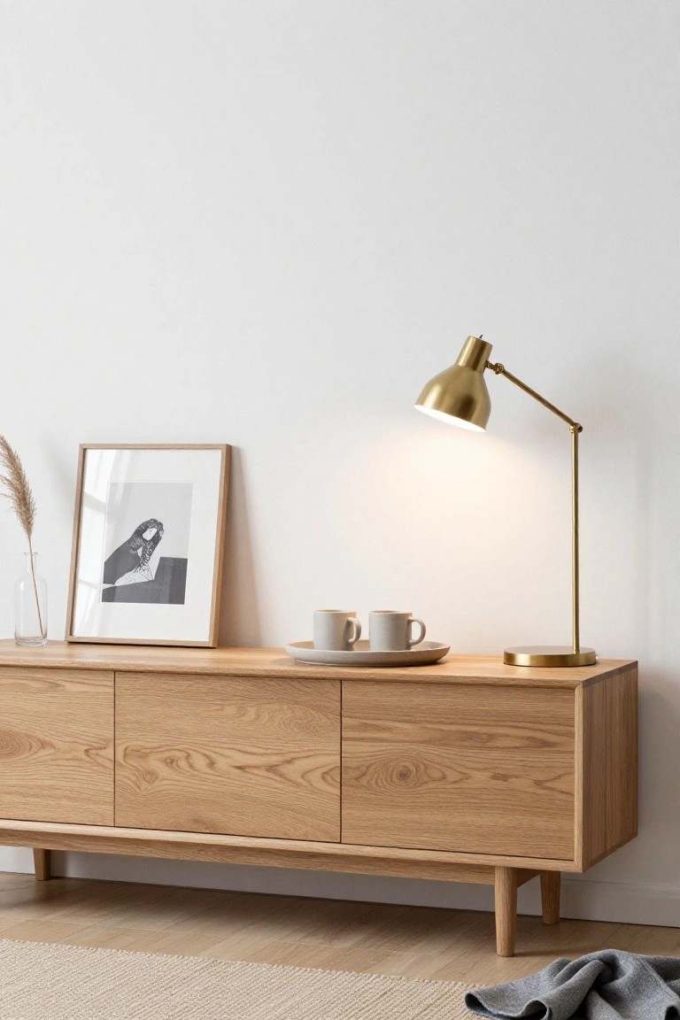 Wooden sideboard with brass lamp, mugs, framed art, and pampas grass.