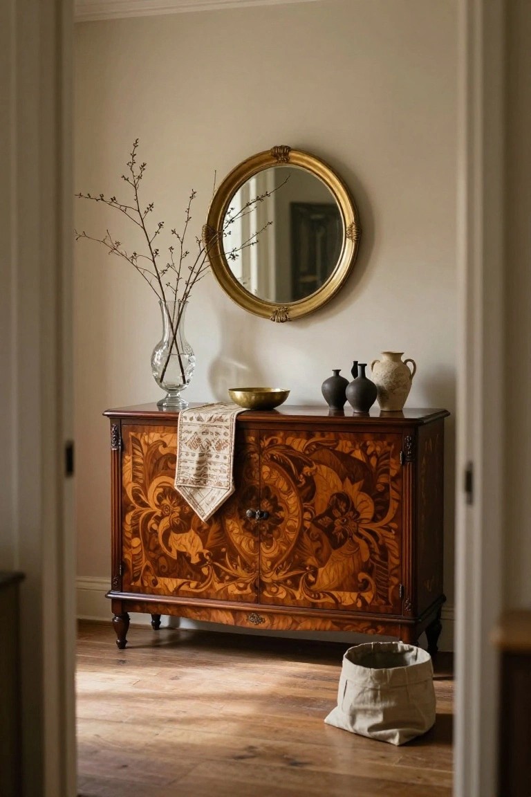 Ornate wooden cabinet with mirror, vases, and branches on hardwood floor.