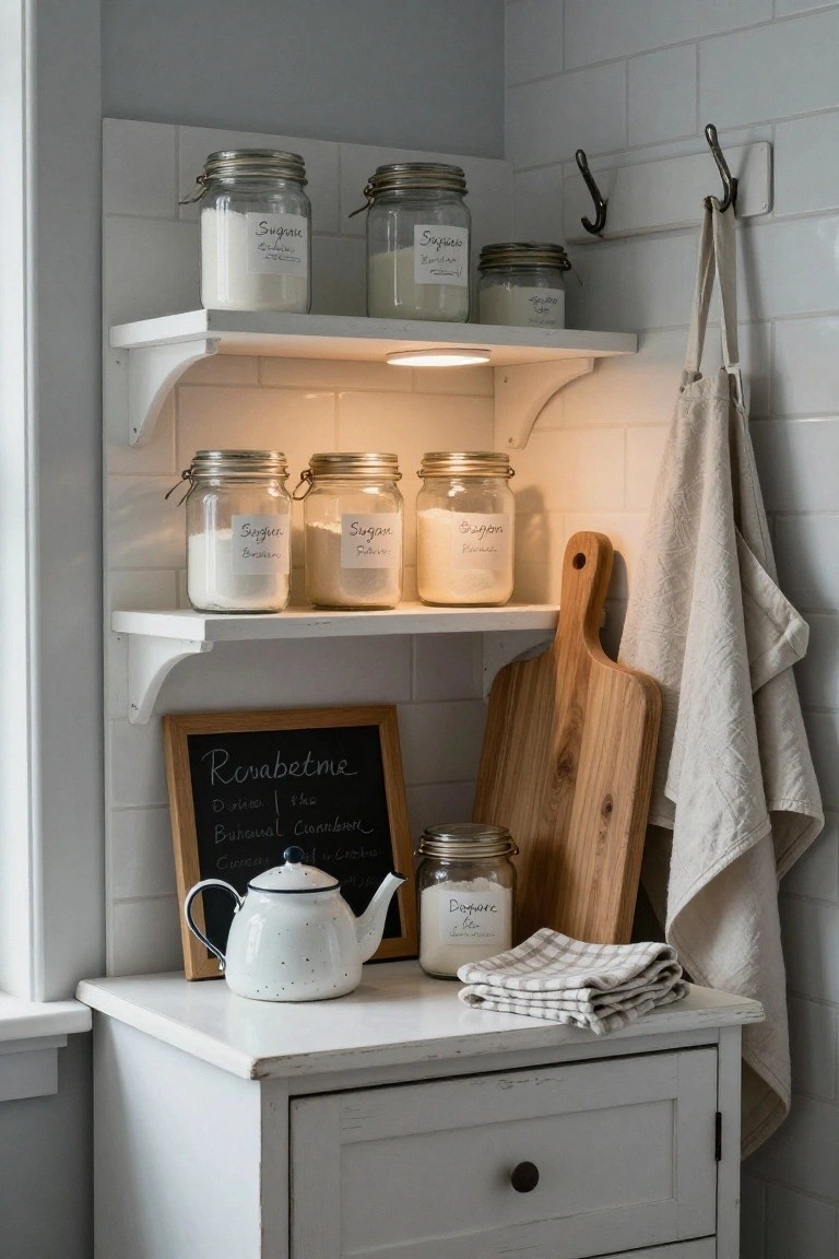 White open shelves above a distressed cabinet hold rows of glass jars with handwritten labels for sugar and flour, along with a teapot, wooden boards, and hanging linens.