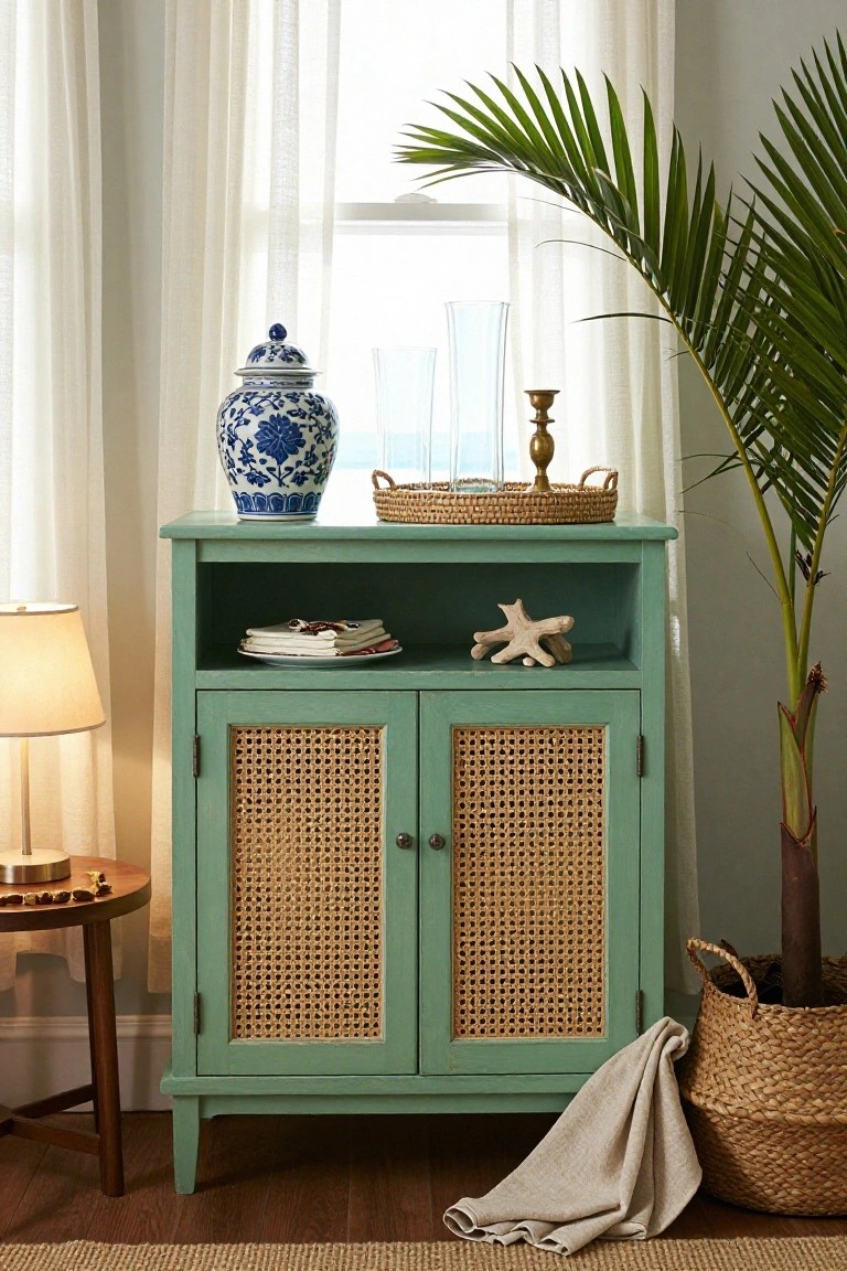 Seafoam green cabinet with cane doors and coastal decor.