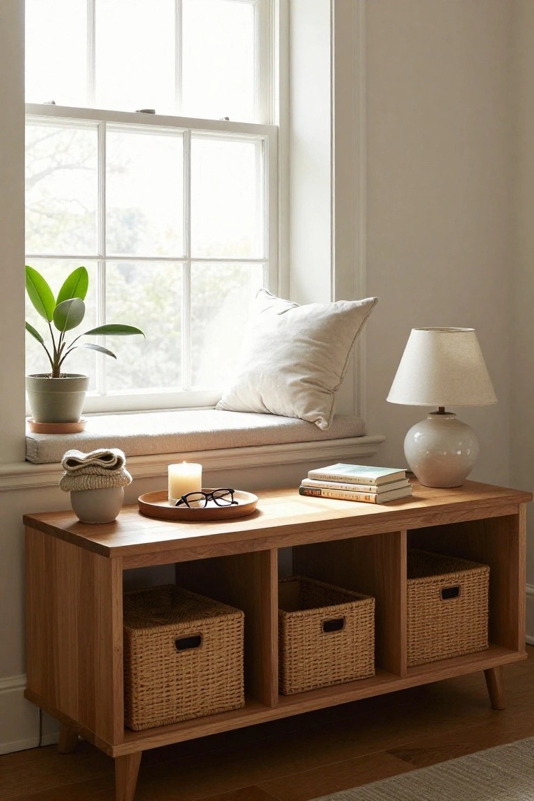 A wooden sideboard with woven baskets in open cubbies sits under a window with a cushion, pillow, and simple tabletop items.