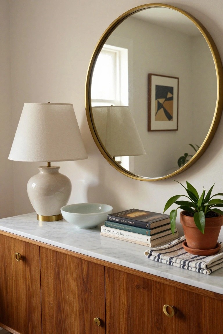 A wooden sideboard with a marble top is styled with a ceramic lamp, a light blue bowl, a stack of books, and a potted plant in a terracotta pot, with a round gold-framed mirror hanging above.
