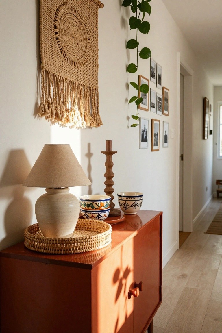 A reddish-brown sideboard holds a beige lamp, woven tray, and patterned ceramic bowls, with a macrame wall hanging and framed photos visible on the wall behind it.