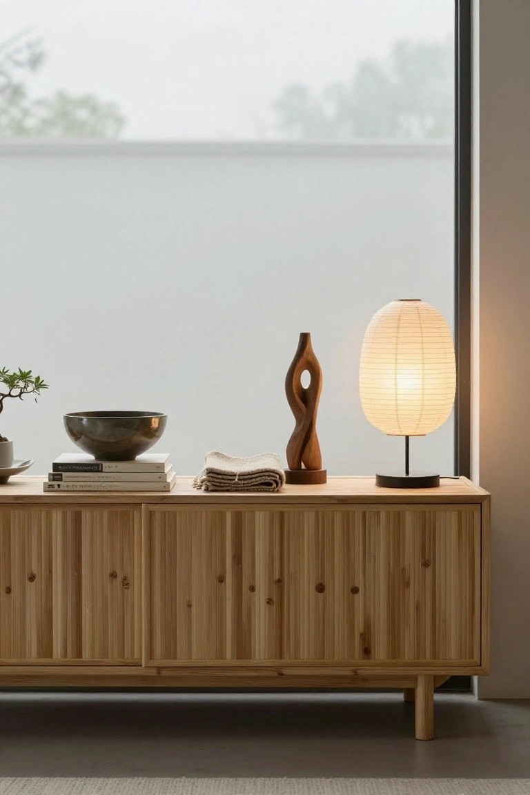 A light wood sideboard displays a few items including stacked books, a metal bowl, a folded cloth, a wooden sculpture, and a lit paper lantern lamp in front of a large window.