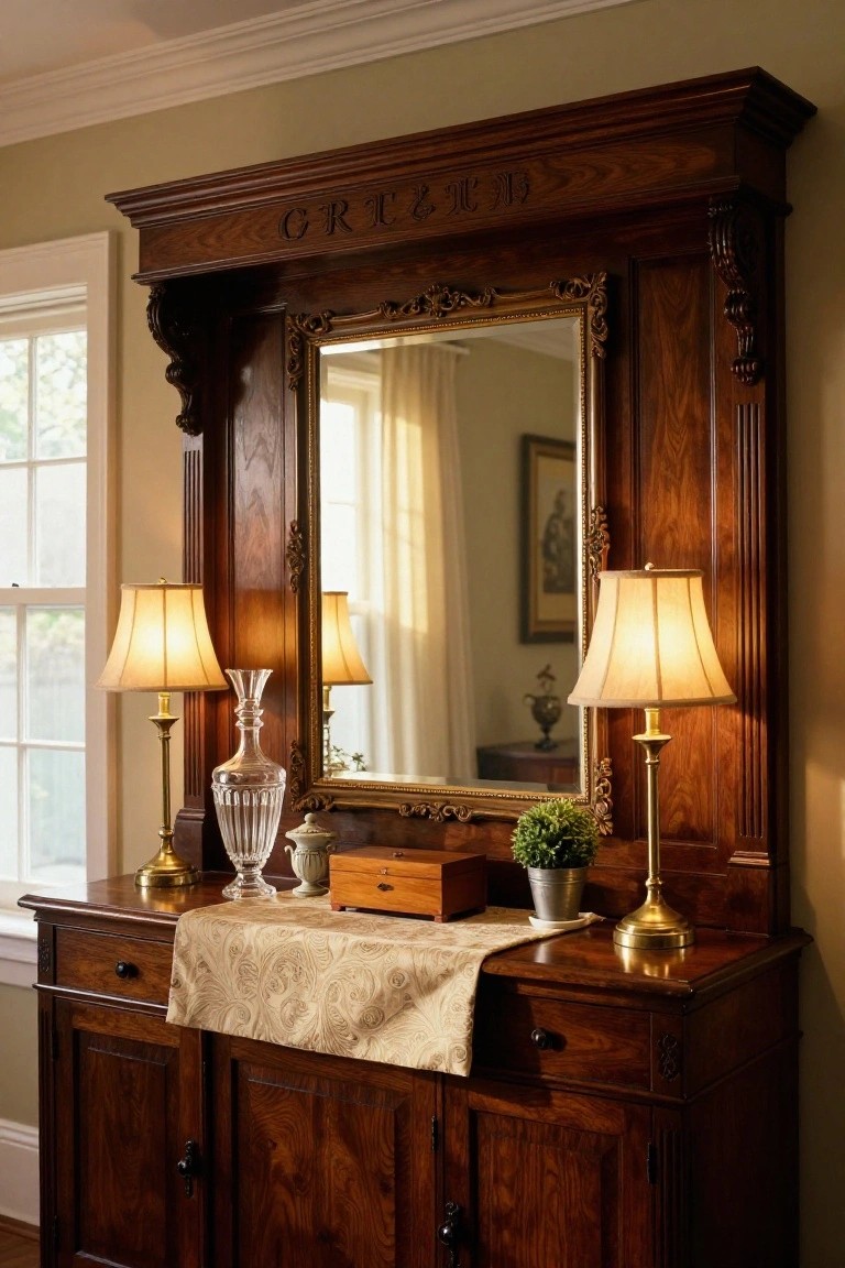 Ornate wooden sideboard with mirror, lamps, crystal vase, and decor.