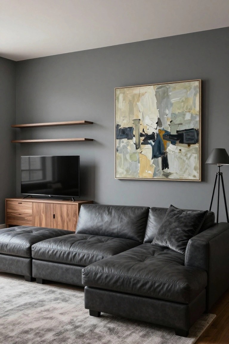 Modern living room with grey walls, black leather L-shaped sectional sofa, wooden TV stand, abstract painting, floating shelves, and tripod lamp.